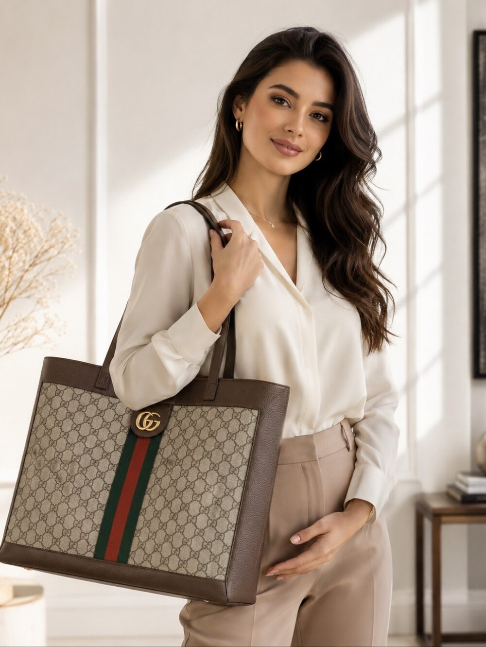 Authentic Gucci Ophidia GG Supreme Canvas Large Tote Bag Web Stripe Shoulder Bag